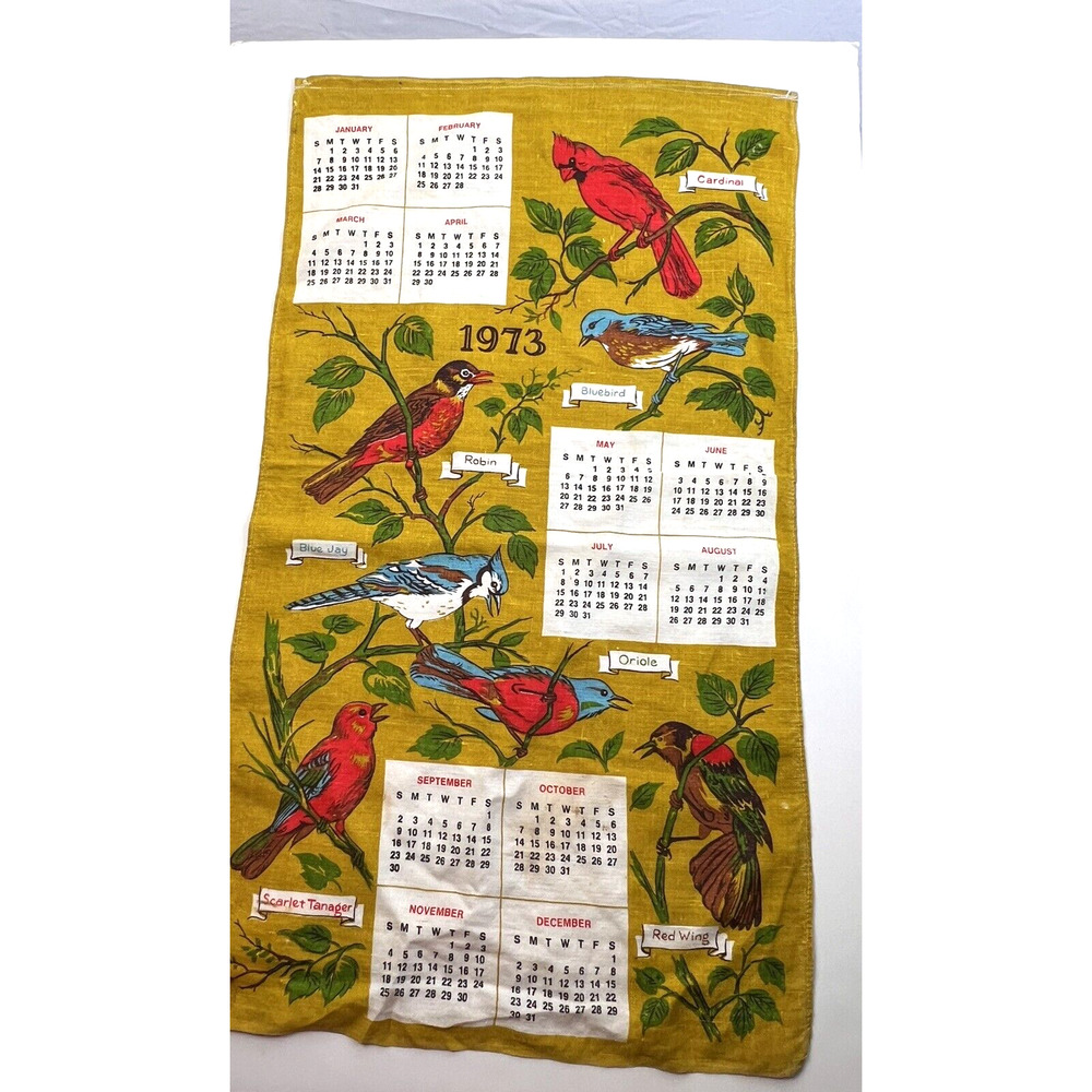 1973 Calendar Tea Towel Birds Linen Vintage Kitchen Decor Wall Hanging Textile